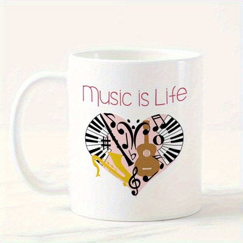 Tailorly White Ceramic 11 oz Mug - music is life， heart shaped music notes， treble clef