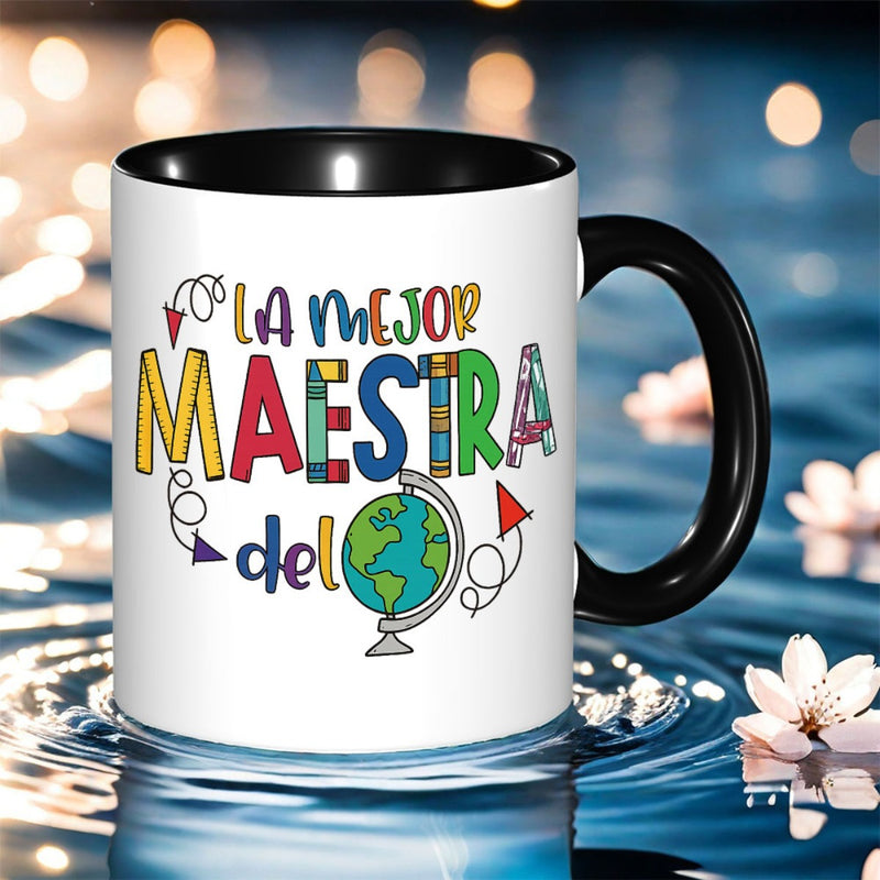Tailorly Black Accent 11 oz Mug - world's best teacher colorful classroom design with educational symbols