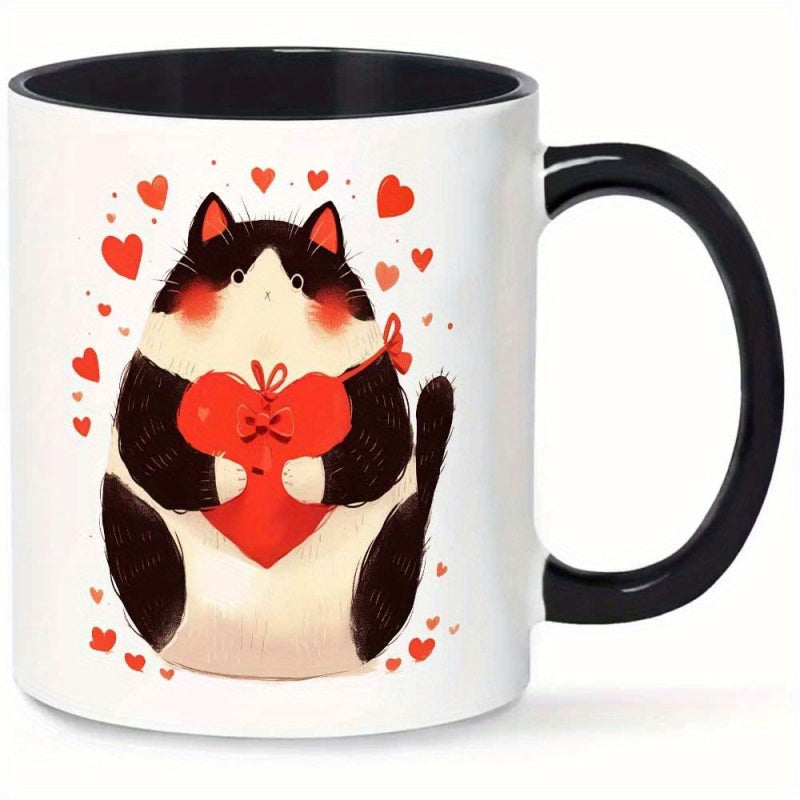 Tailorly Black Accent 11 oz Mug - plump cat with heart decor