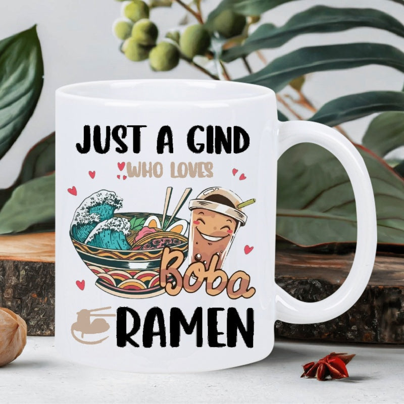 Tailorly White Ceramic 11 oz Mug - bowl style with cute characters ramen noodle