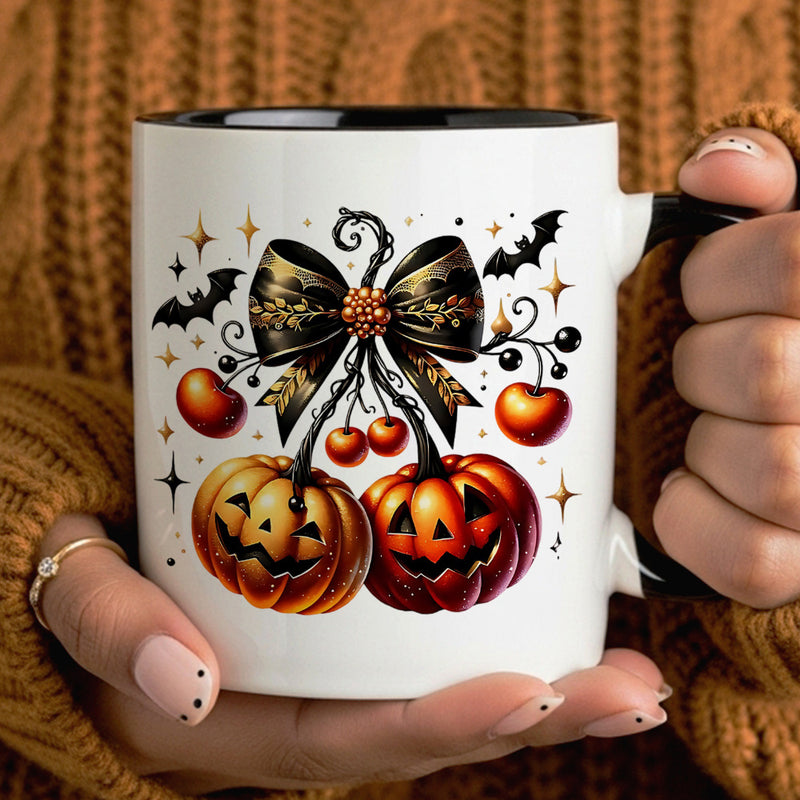 Tailorly Black Accent 11 oz Mug - halloween pumpkin， bat， bowknot pattern