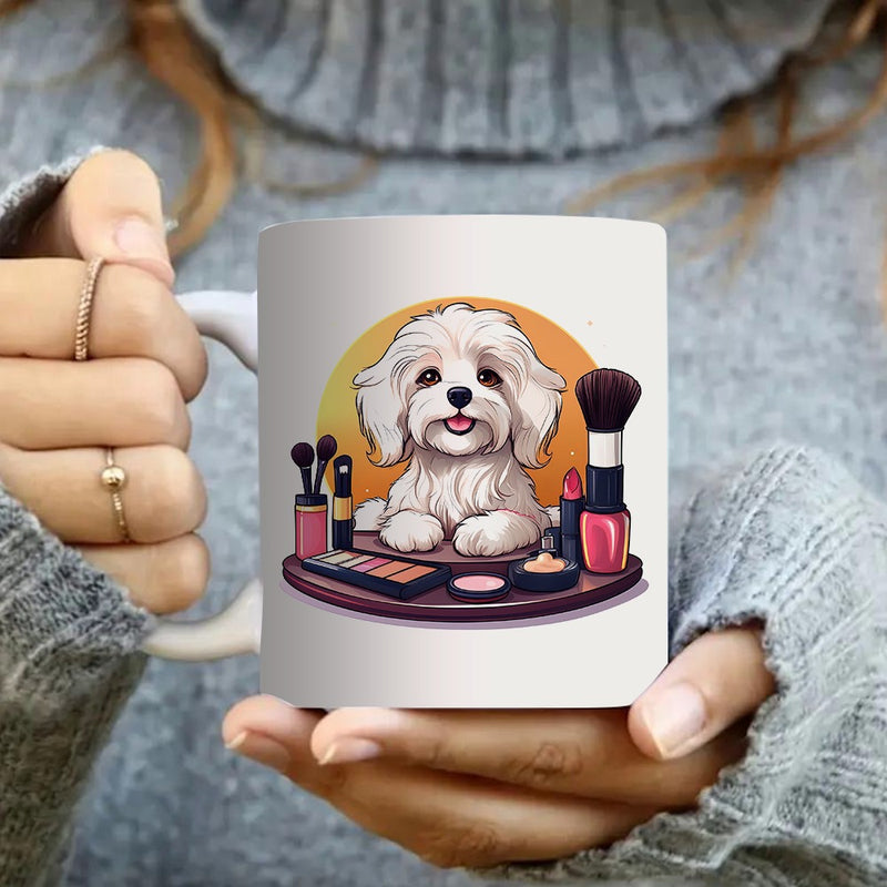 Tailorly White Ceramic 11 oz Mug - cute dog with makeup tools