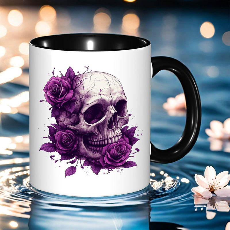 Tailorly Black Accent 11 oz Mug - skull and purple roses