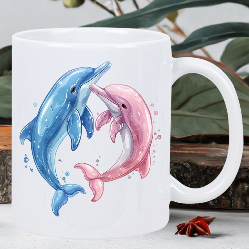 Tailorly White Ceramic 11 oz Mug - dolphin themed glossy design
