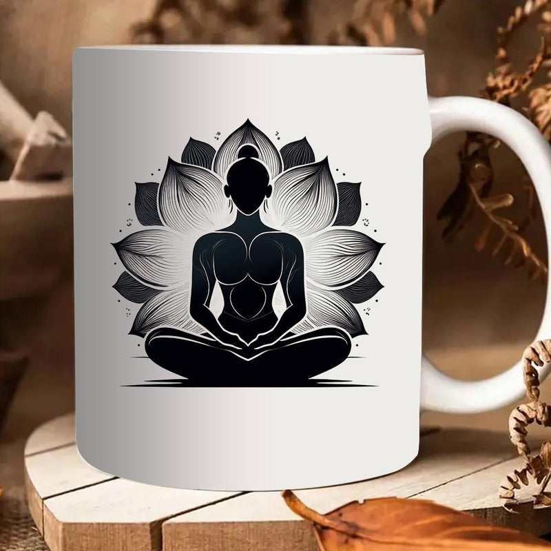Tailorly White Ceramic 11 oz Mug - silhouette of a woman in lotus position surrounded by intricate floral patterns