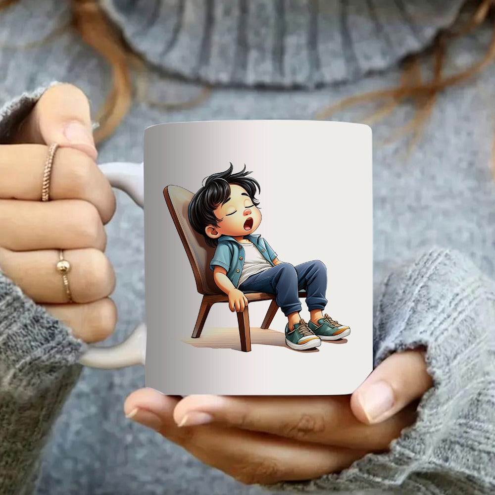Tailorly White Ceramic 11 oz Mug - cute boy sleeping on chair