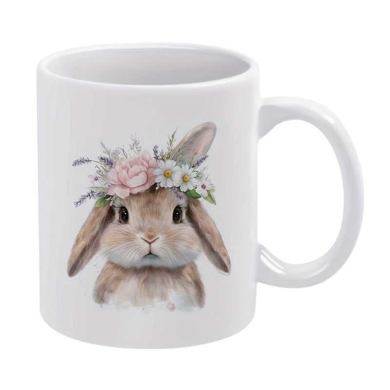 Tailorly White Ceramic 11 oz Mug - a bunny with a floral