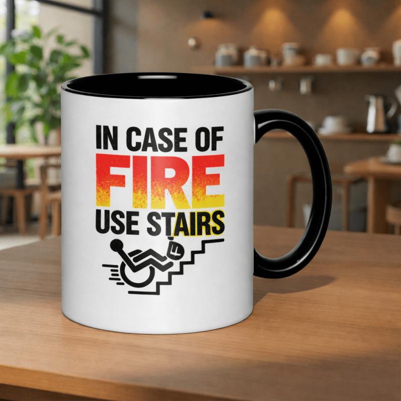 Tailorly Black Accent 11 oz Mug - fire use stairs with wheelchair symbol on stairs