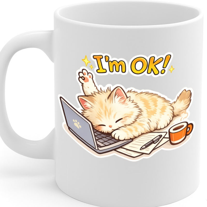 Tailorly White Ceramic 11 oz Mug - sleeping cat laptop