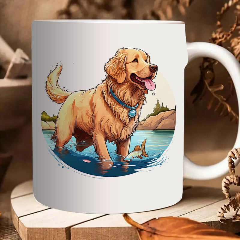 Tailorly White Ceramic 11 oz Mug - golden retriever dog with fish in lake scene