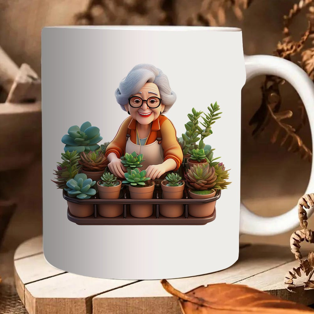 Tailorly White Ceramic 11 oz Mug - an elegant garden lady with succulents