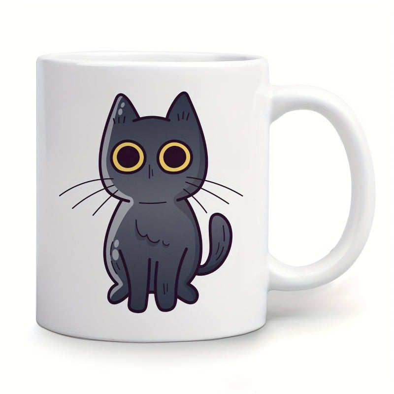 Tailorly White Ceramic 11 oz Mug - cute gray cat with glowing yellow eyes minimalist cartoon design