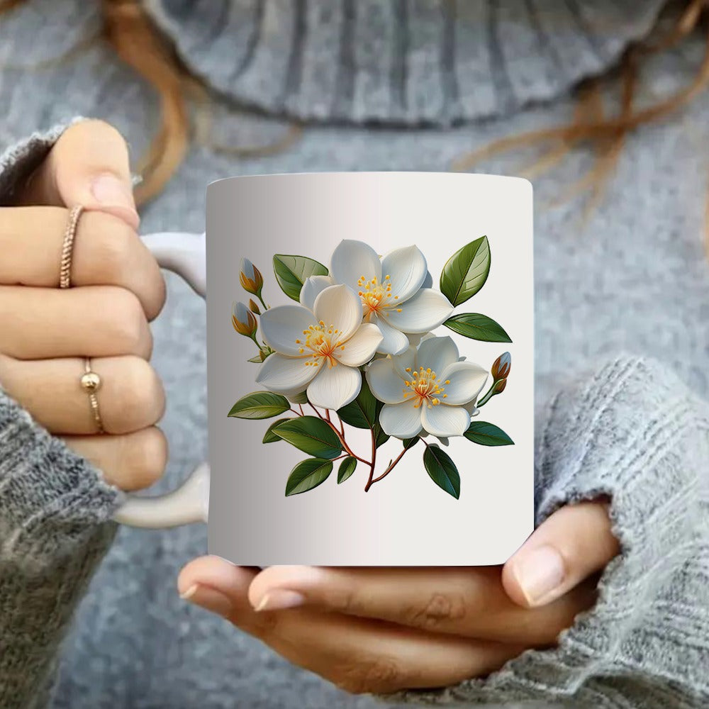 Tailorly White Ceramic 11 oz Mug - coffee mug with elegant floral pattern