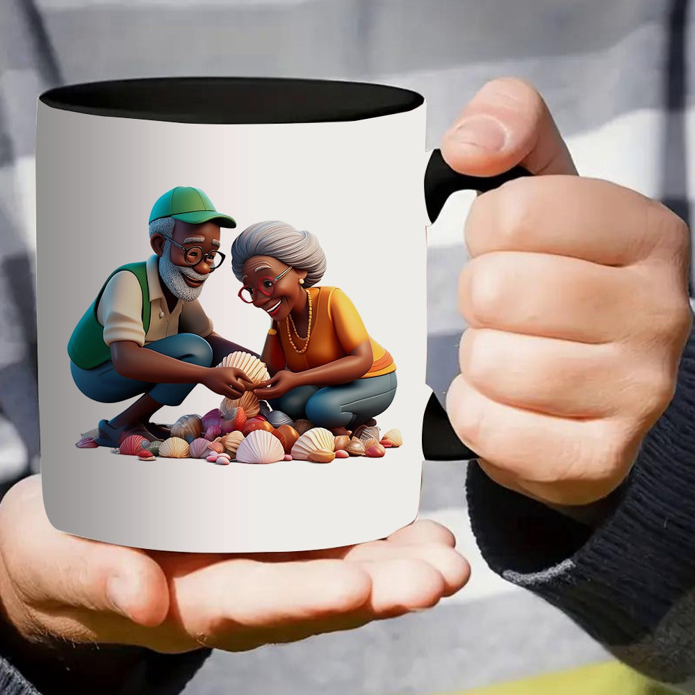Tailorly Black Accent 11 oz Mug - a couple gathering seashells