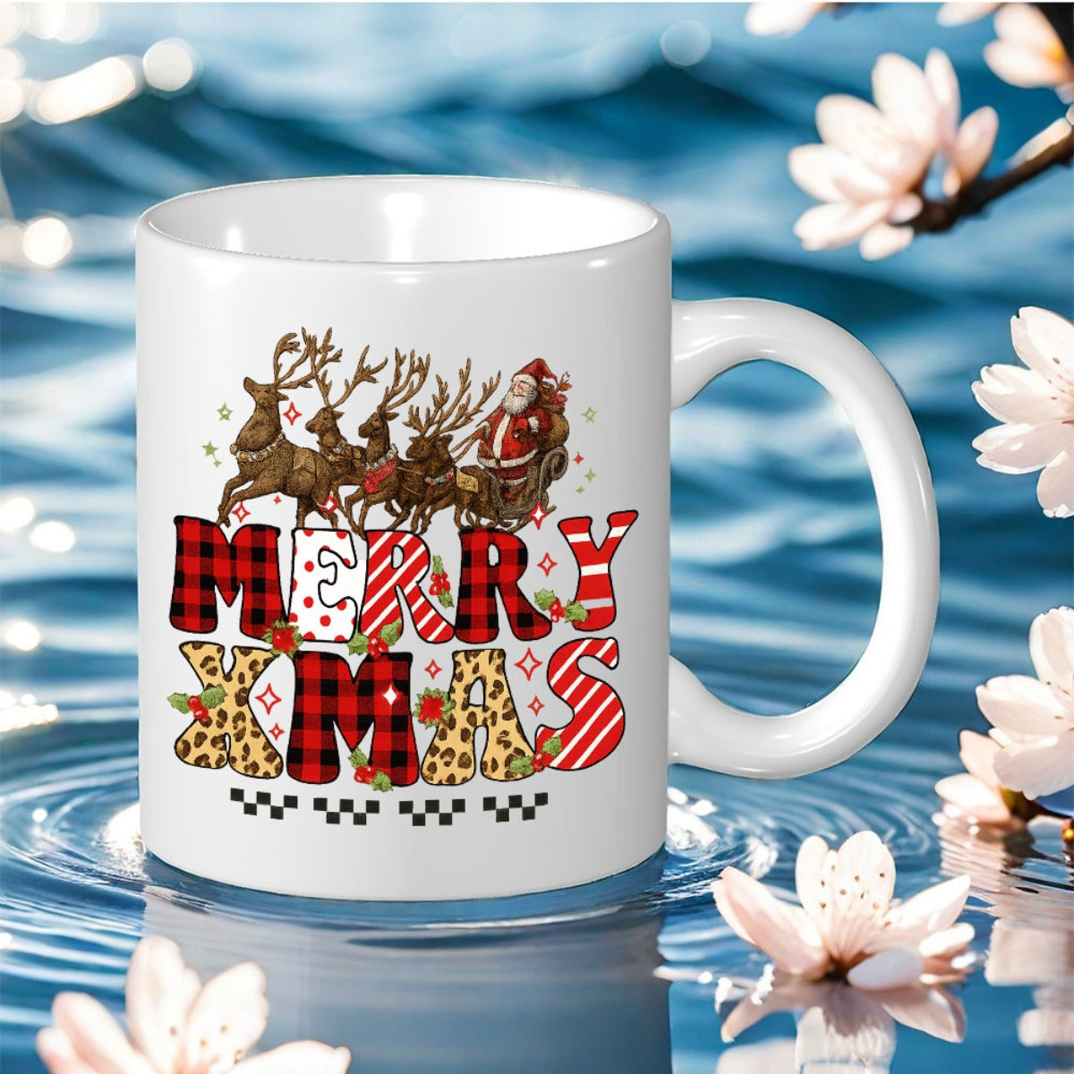 Tailorly White Ceramic 11 oz Mug - festive design with santa and reindeer