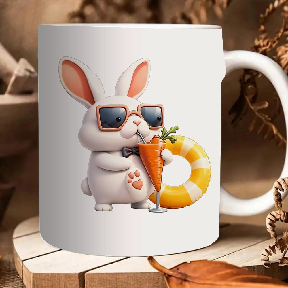 Tailorly White Ceramic 11 oz Mug - an adorable rabbit wearing glasses and holding a carrot