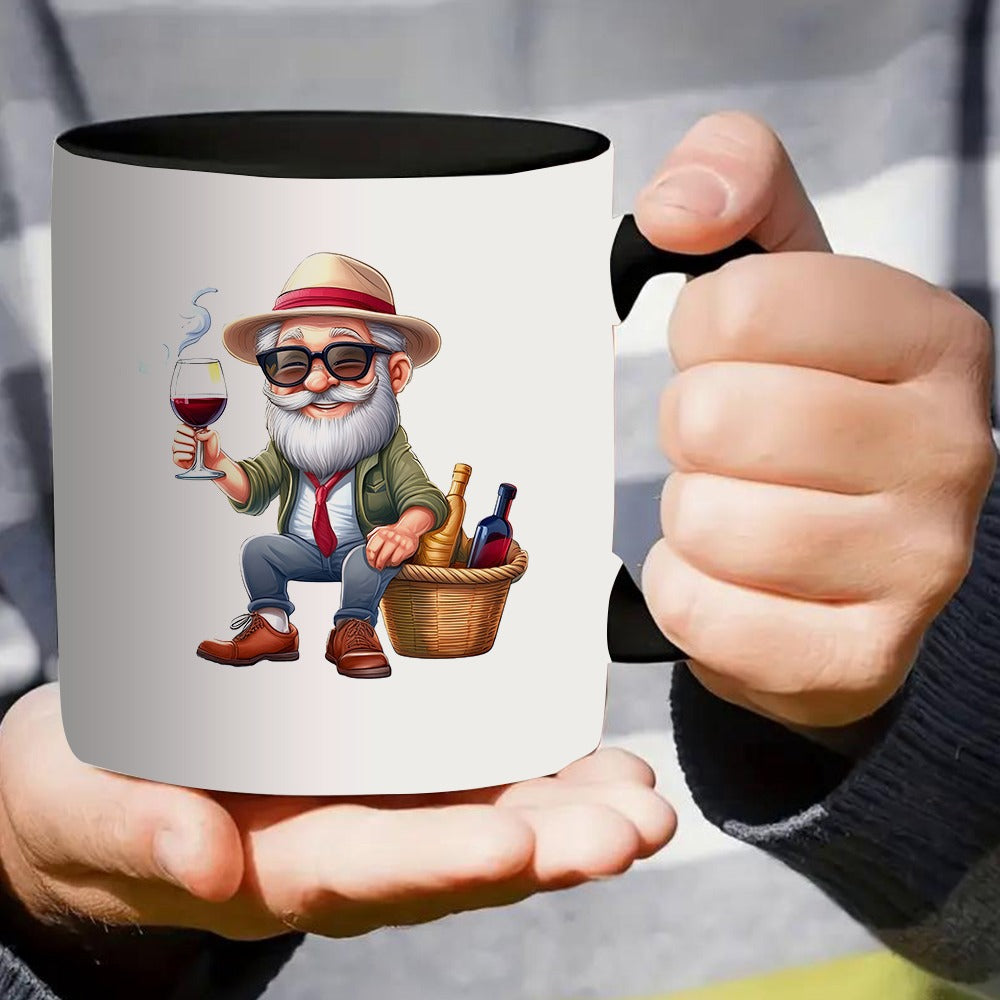 Tailorly Black Accent 11 oz Mug - an old man with a wine glass and basket