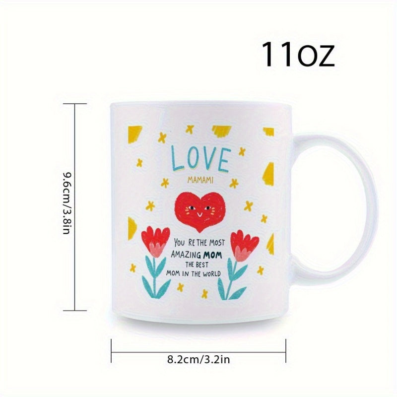 Tailorly White Ceramic 11 oz Mug - colorful tulips stars hearts design