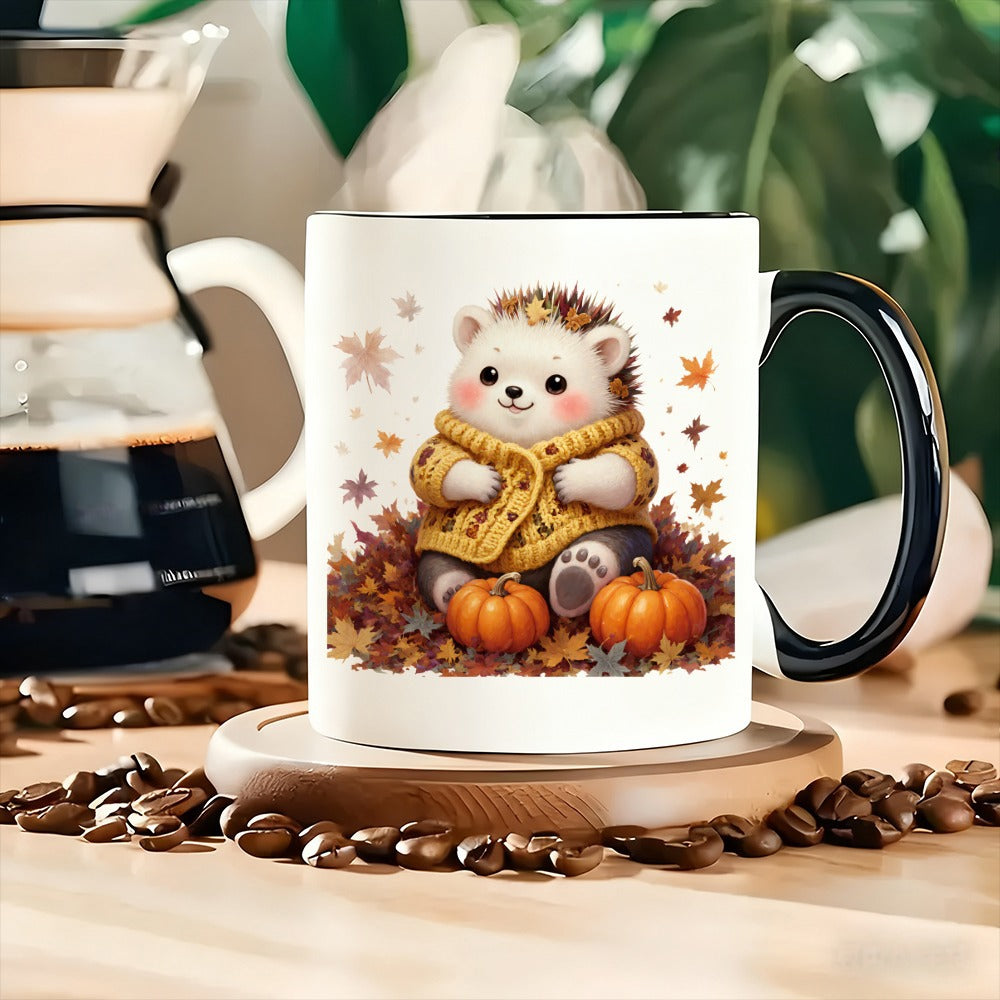 Tailorly Black Accent 11 oz Mug - adorable hedgehog surrounded by pumpkins