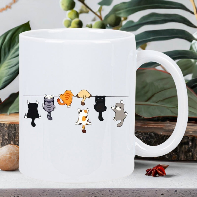 Tailorly White Ceramic 11 oz Mug - whimsical cat titude with tabby tuxedo maine coon british shorthair cats