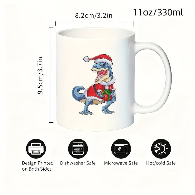 Tailorly White Ceramic 11 oz Mug - dinosaur with santa hat