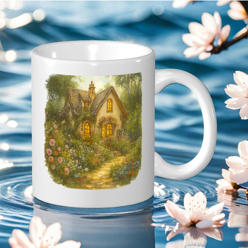 Tailorly White Ceramic 11 oz Mug - magical cottage landscape
