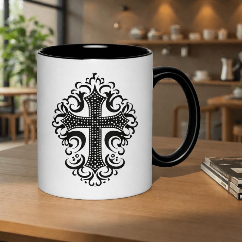Tailorly Black Accent 11 oz Mug - baroque style cross with intricate details and dotted embellishments