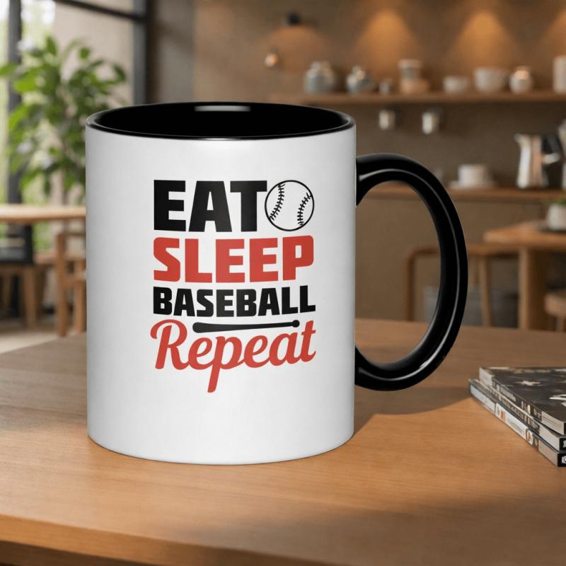Tailorly Black Accent 11 oz Mug - enjoy rest play baseball and over again text