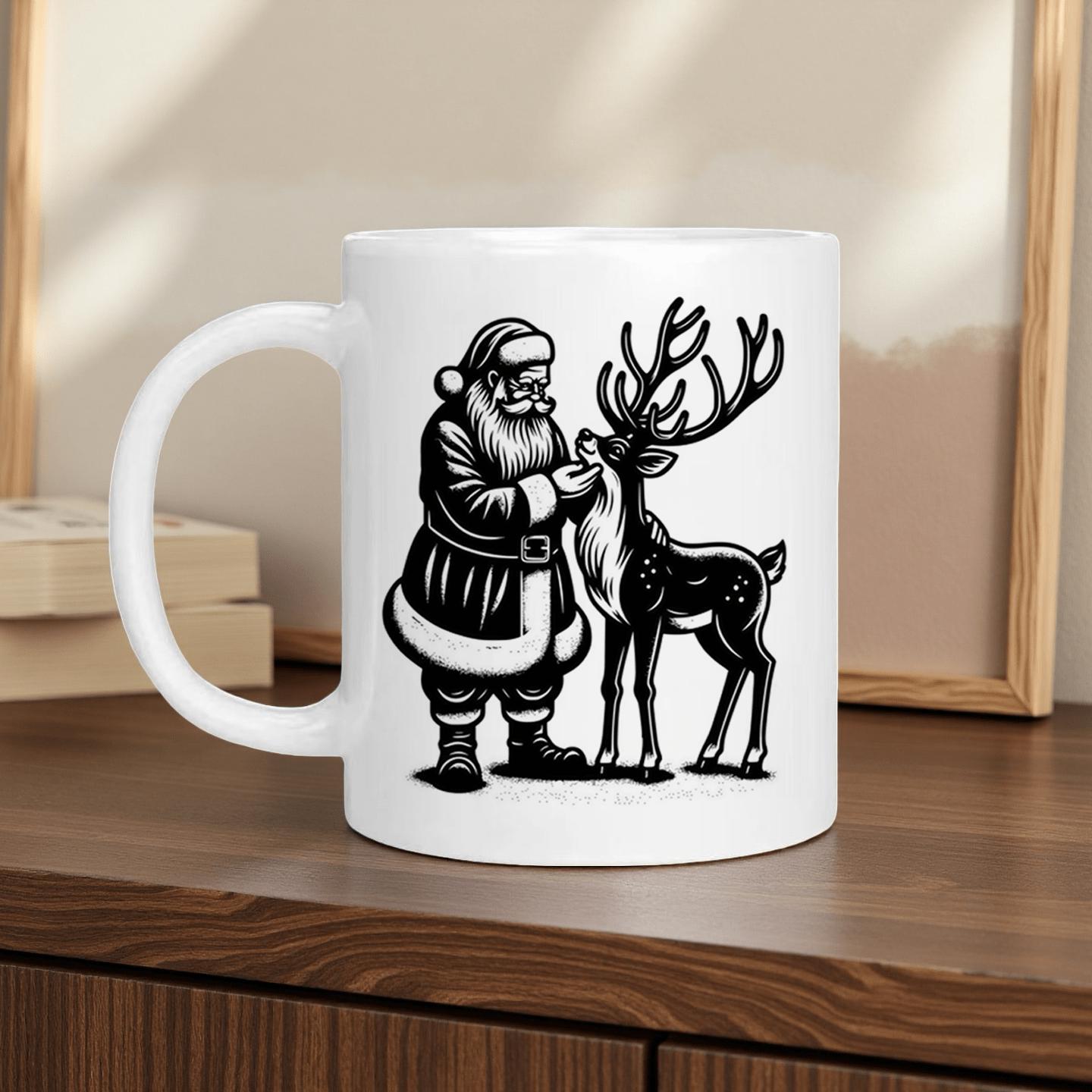 Tailorly White Ceramic 11 oz Mug - santa claus and elk theme pattern