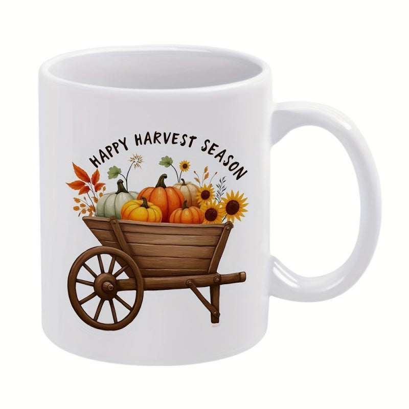 Tailorly White Ceramic 11 oz Mug - season design autumn pumpkin sunflower wagon wheel