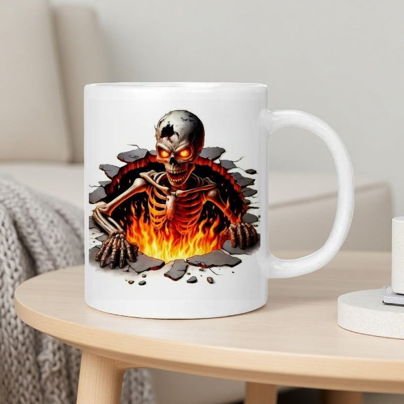 Tailorly White Ceramic 11 oz Mug - skull and spooky skeleton with flame art