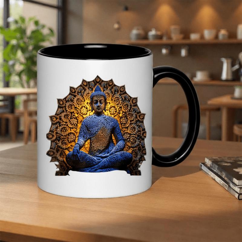 Tailorly Black Accent 11 oz Mug - meditating figure with intricate mandala pattern and inspirational quote