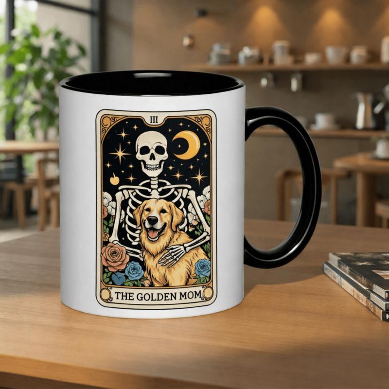 Tailorly Black Accent 11 oz Mug - skeleton dog， roses， celestial elements