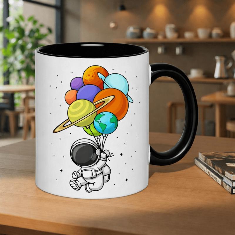 Tailorly Black Accent 11 oz Mug - astronaut floating with planets as balloons