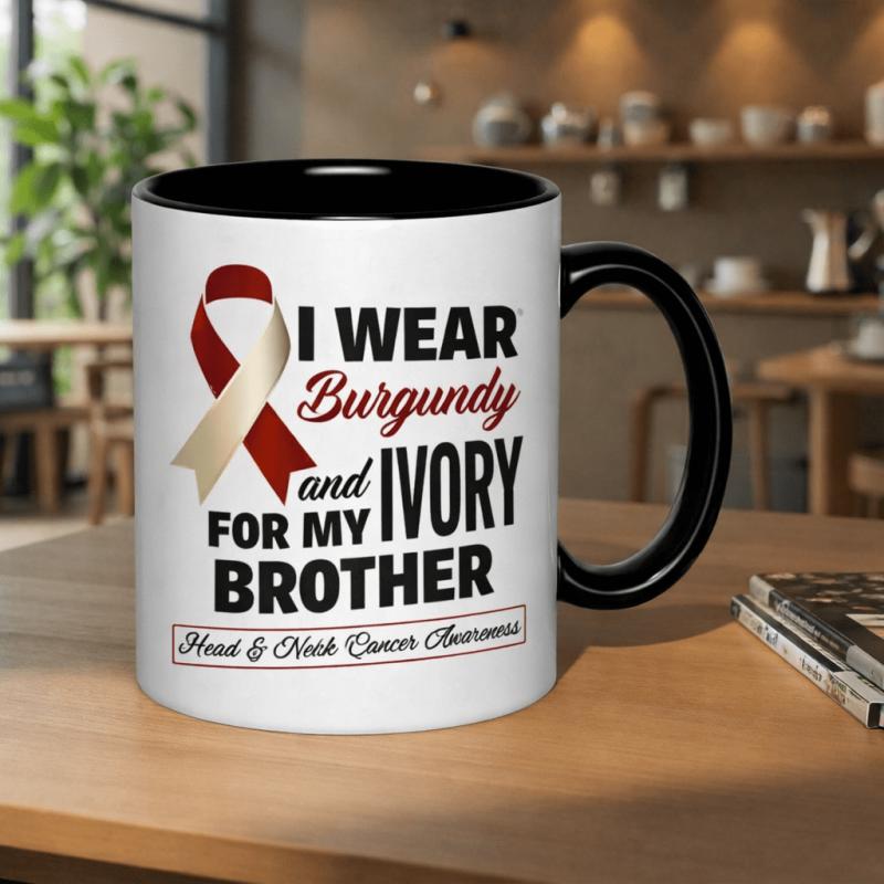 Tailorly Black Accent 11 oz Mug - burgundy color with text "to support for fight against head and neck"