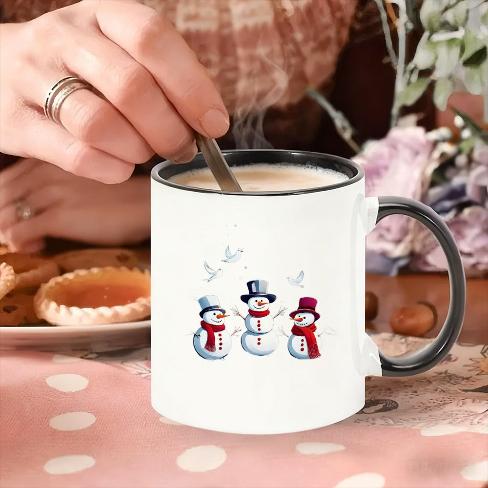 Tailorly Black Accent 11 oz Mug - one snowman family with birds