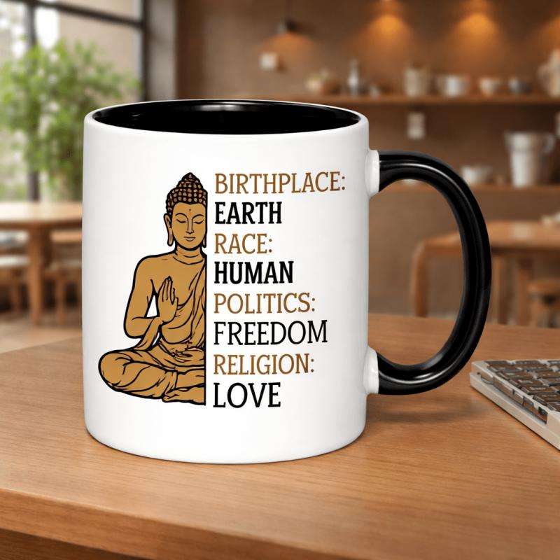 Tailorly Black Accent 11 oz Mug - birthplace earth race human politics religion love text