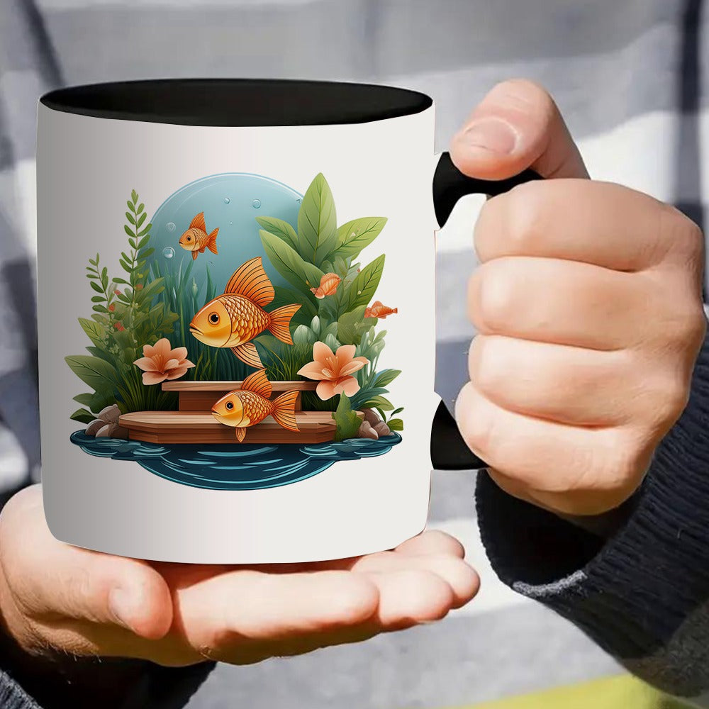 Tailorly Black Accent 11 oz Mug - a single coffee mug featuring of and aquatic plants showcasing an elegant artistic pattern