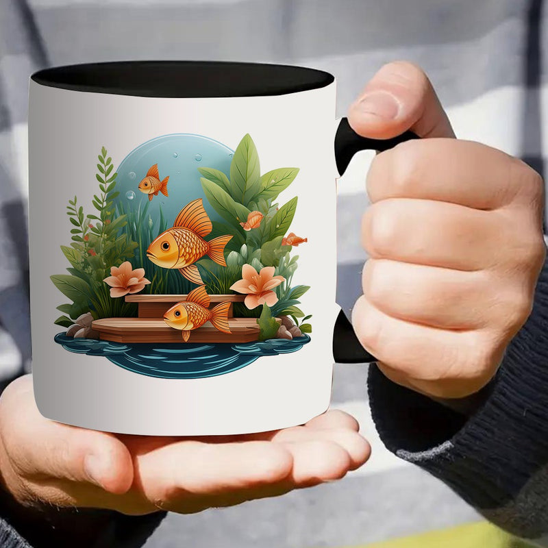 Tailorly Black Accent 11 oz Mug - a single coffee mug featuring of and aquatic plants showcasing an elegant artistic pattern