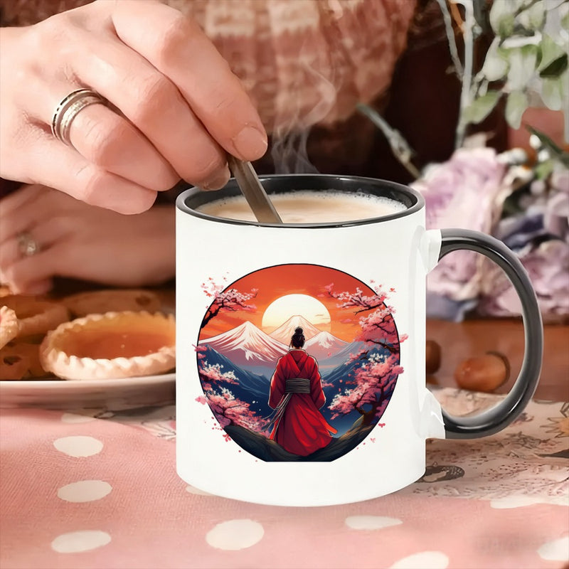 Tailorly Black Accent 11 oz Mug - cherry and a man against a sunset landscape