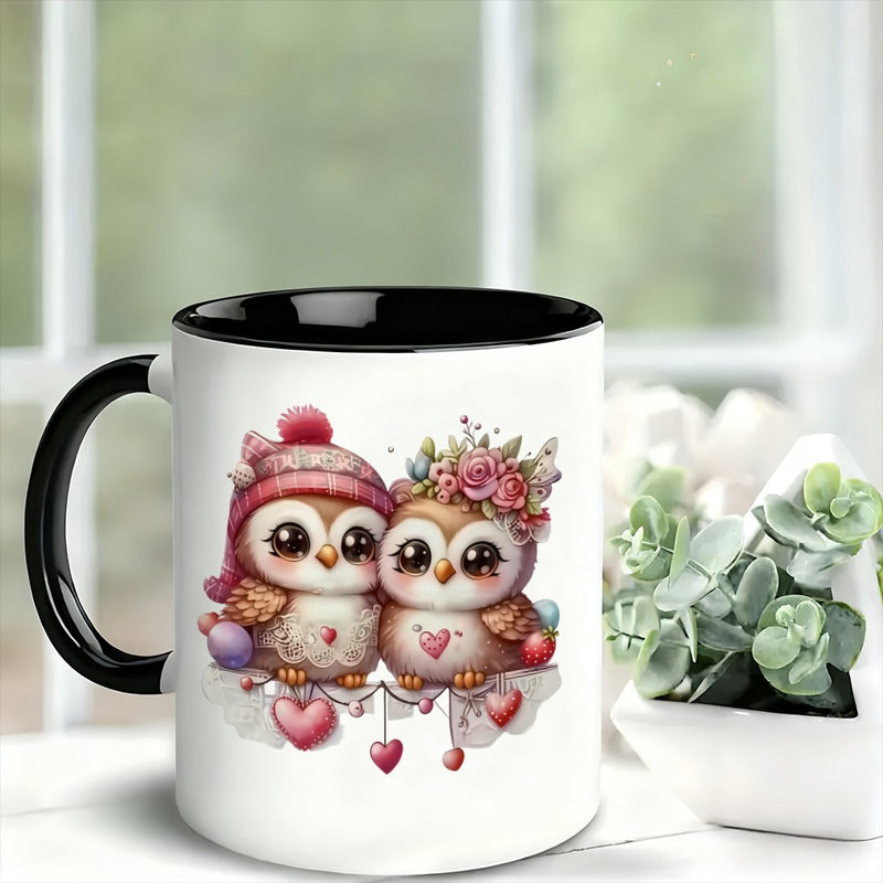 Tailorly Black Accent 11 oz Mug - owl couple surrounded by hearts