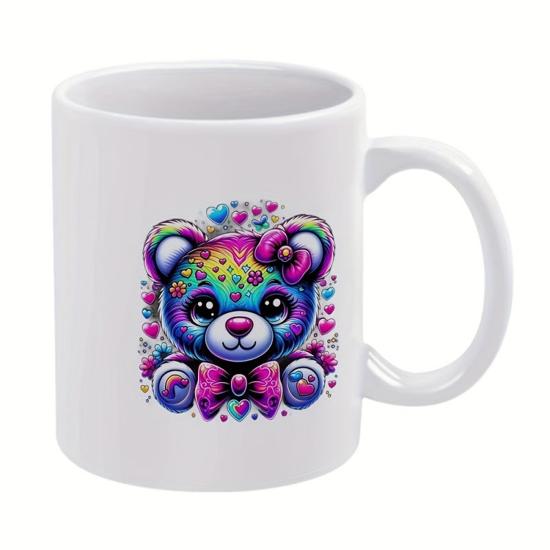 Tailorly White Ceramic 11 oz Mug - rainbow colored teddy with hearts