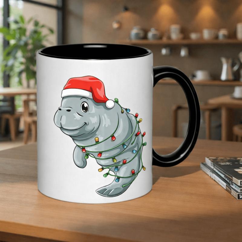 Tailorly Black Accent 11 oz Mug - cute manatee wearing santa hat wrapped in christmas lights