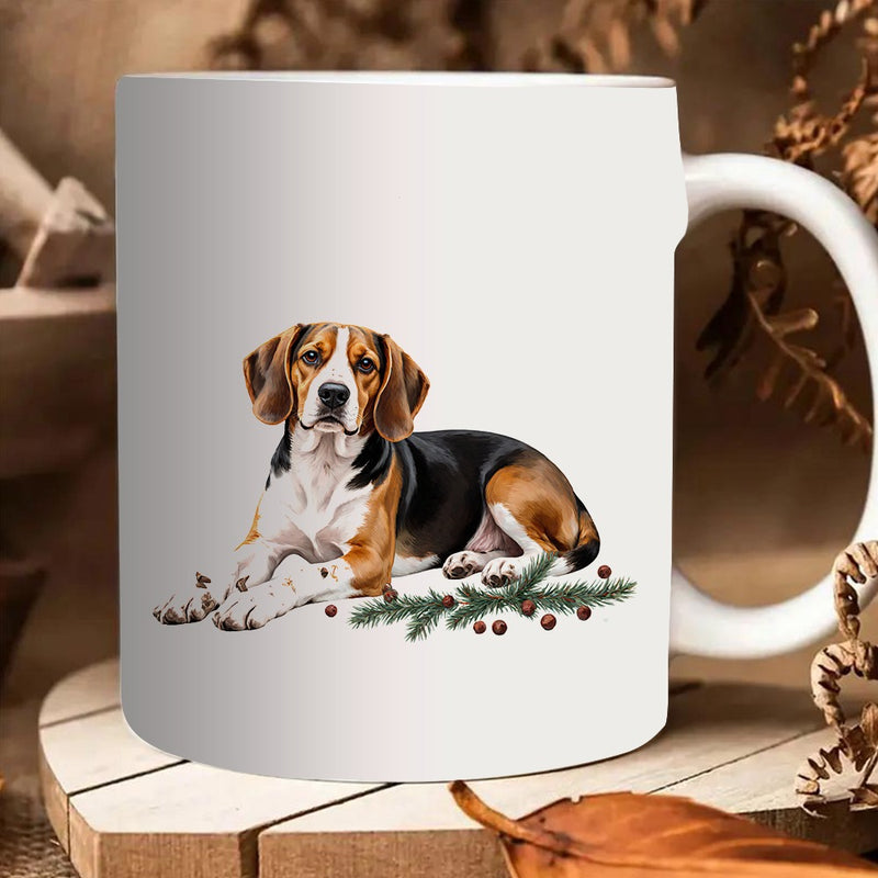 Tailorly White Ceramic 11 oz Mug - adorable beagle with pine branches