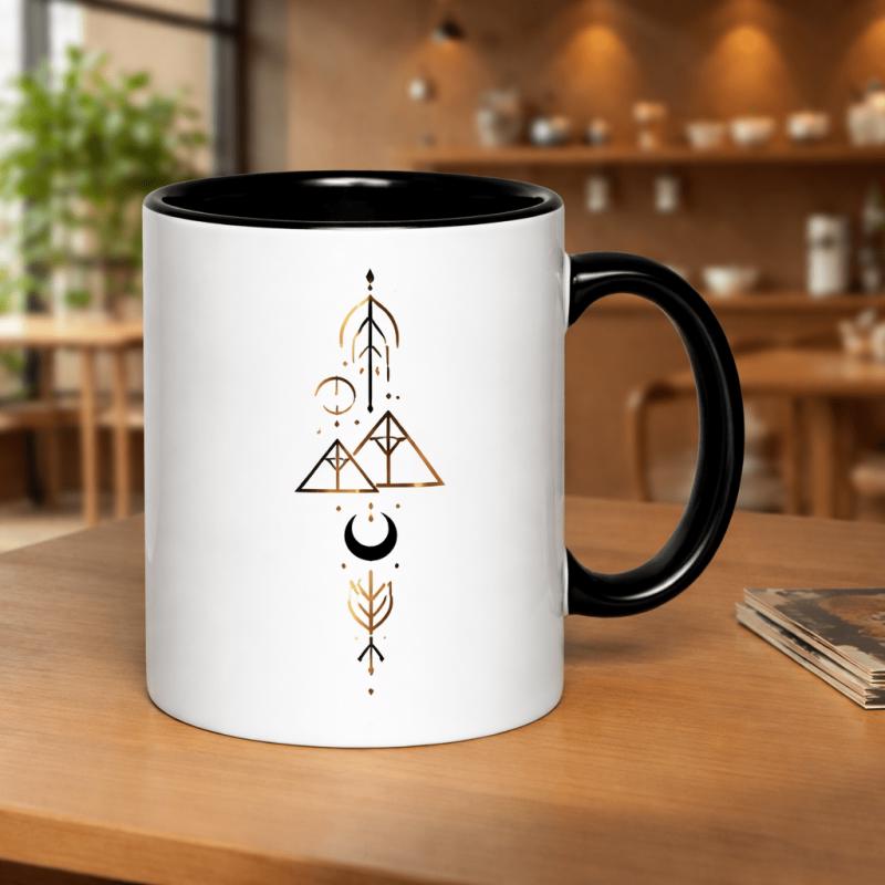 Tailorly Black Accent 11 oz Mug - geometric mountains and celestial symbols