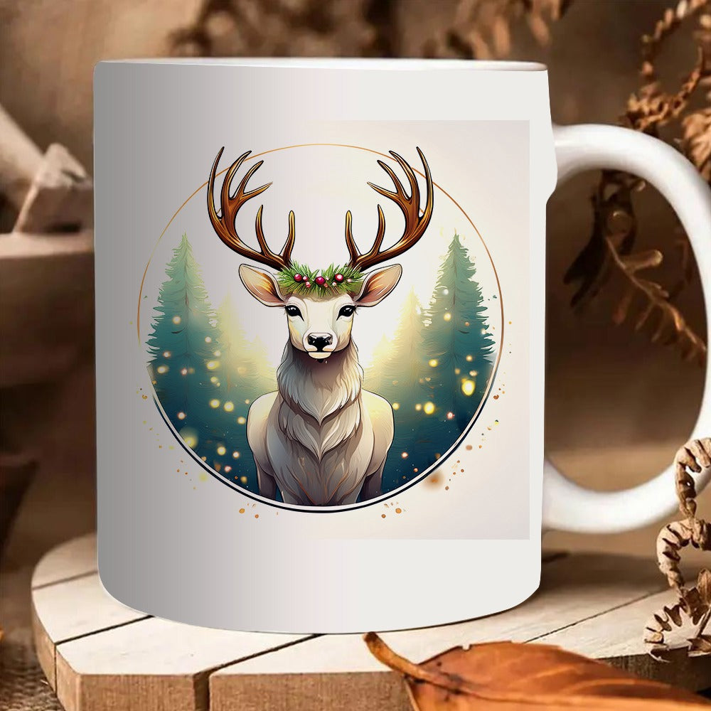 Tailorly White Ceramic 11 oz Mug - deer surrounded by pine wreath