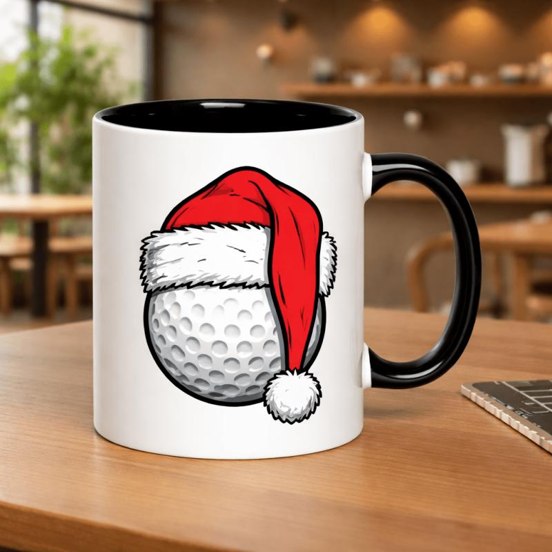 Tailorly Black Accent 11 oz Mug - golf ball with santa hat and christmas merry golfing text