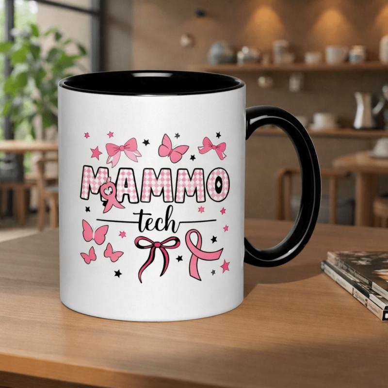 Tailorly Black Accent 11 oz Mug - mammography tech and bow for breast awareness