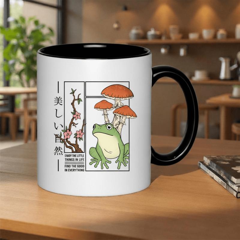 Tailorly Black Accent 11 oz Mug - adorable frog relishing the outdoors surrounded by mushrooms and cherry