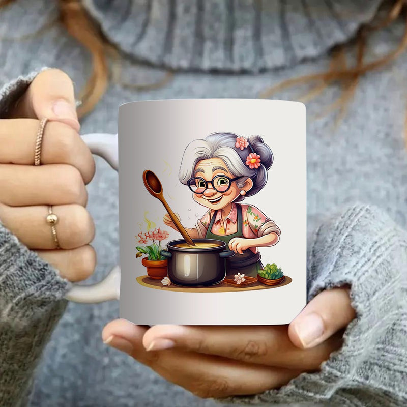 Tailorly White Ceramic 11 oz Mug - scene with a cooking soup surrounded by flowers and herbs